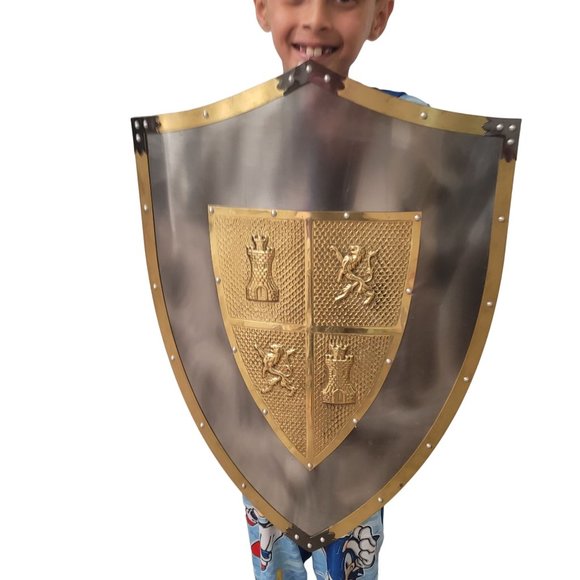 welded metal knights shield crests gold and metallic silver rivets wall decor - Picture 6 of 7